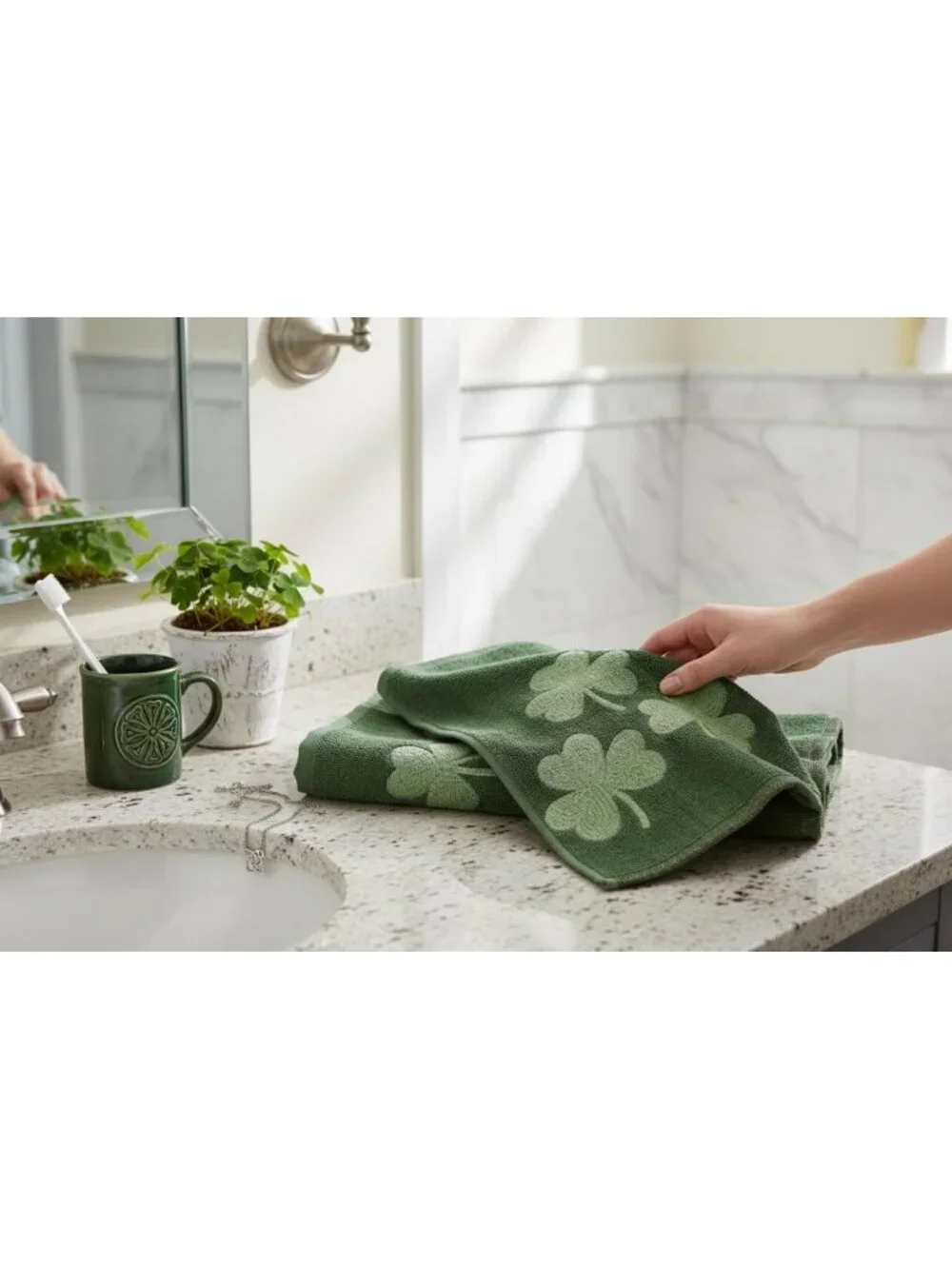 St. Patrick's Day Hand Towels Set - Soft Cotton, Embroidered Shamrocks, Green